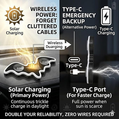 Solar Powered Bat LED Car Light, Wireless RGB Visor Atmosphere Lamp | 100% solar powered bat-shaped LED car lamp. Wireless RGB ambient light with dual smart motion light sensors & suction cup.