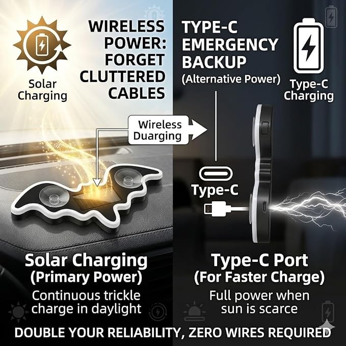 Solar Powered Bat LED Car Light, Wireless RGB Visor Atmosphere Lamp | 100% solar powered bat-shaped LED car lamp. Wireless RGB ambient light with dual smart motion light sensors & suction cup.