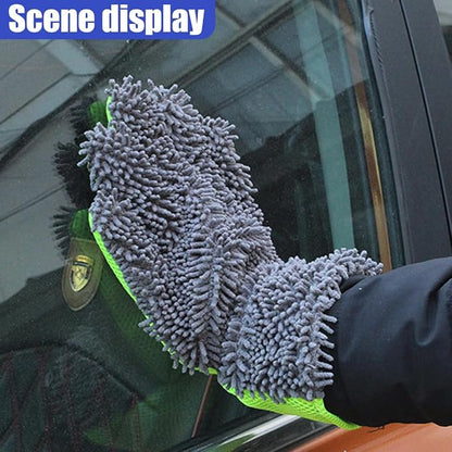 2PCS Car Wash Mitts, Double Sided Chenille Microfiber Dusting Gloves with 5-Finger Design, Anti-Scratch Auto Interior Exterior Detailing Mitt for Cleaning Wheel Tight Spot (Grey)