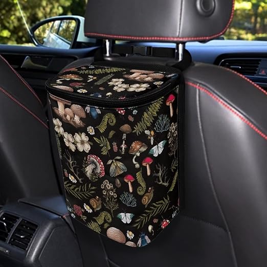 Auto Trash Can, Dark Wild Mushroom Ferns Printed, Manual-Lift, 14"W x 14"H x 14"D