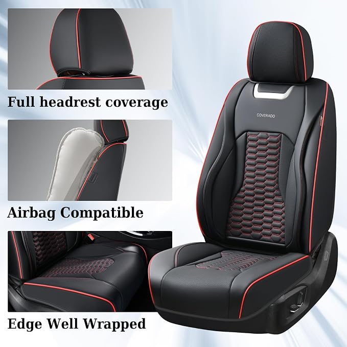 Coverado Car Seat Covers Full Set, 5 Seats Nappa Leather Seat Covers for Cars, Waterproof Automotive Car Seat Covers Interior Accessories Universal Fit Most Cars(Black&Red)
