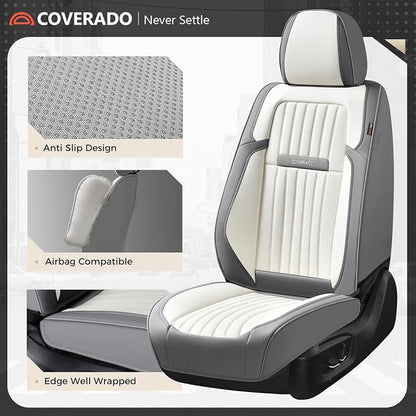 Coverado Car Seat Covers Front Seats, Seat Covers for Cars, Car Seat Protector, 2-Pack Car Seat Cushion Nappa Leather, Waterproof Seat Covers Carseat Cover Universal Fit for Most Cars(Gray&White)