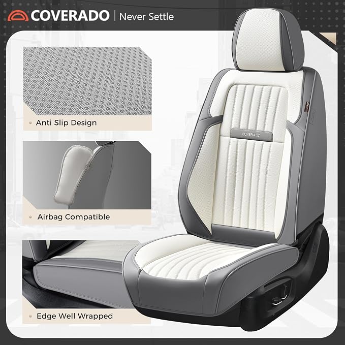Coverado Car Seat Covers Full Set, Seat Covers for Cars, Car Seat Cover, Car Seat Protector, Leather Car Seat Cushion, Waterproof Car Seat Covers Front Seats and Back Fit for Most Cars(Gray&White)
