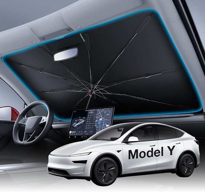 Wigoo Windshield Sun Shade Umbrella for Tesla Model Y [100% Sun Blockage, Ice Cooling Fabric] Foldable Heat Insulation Front Window Sunshade Umbrella for Tesla Model Y 2020–2026 (Juniper)