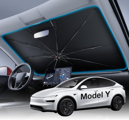 Wigoo Windshield Sun Shade Umbrella for Tesla Model Y [100% Sun Blockage, Ice Cooling Fabric] Foldable Heat Insulation Front Window Sunshade Umbrella for Tesla Model Y 2020–2026 (Juniper)