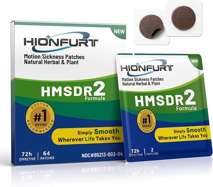 Hionfurt HMSDR2 64ct Motion Sickness Patches – Sea Sickness Patches for Cruise, Car, Airplane – Non-Drowsy, 72H Lasting