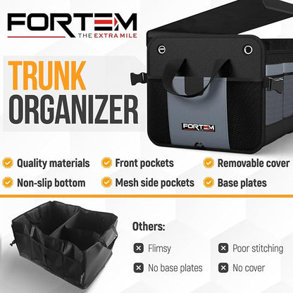 FORTEM Trunk Organizer For SUV Car Organizer and Storage, Collapsible Multi-Compartment Storage Bag Car Accessories for Women Men, 1680D Oxford, Non Slip Bottom, Adjustable Straps, Soft Cover (65L)
