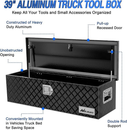 Nilight 39 Inch Truck Tool Box Heavy Duty Aluminum Stripes Plated Pick Up Truck Bed Toolboxes 39"x13"x10" Waterproof Storage Organizer for Bed of Truck RV Trailer with Side Handle Lock Keys, Black