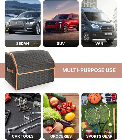 Owleys Sedan Trunk Organizer 17.7" Storage Tote For Groceries, Tools & Travel Gear - Foldable Eco-Leather Car Crate With Magnetic Lid | Stylish Presents For Drivers | Black-Brown (Hexy 17)