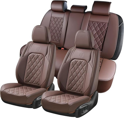 Coverado Car Seat Covers Full Set, Luxury Faux Leather Waterproof Seat Cover, Front and Back Car Seat Protector, Universal 5 Seat Leather Seat Cushion, Carseat Cover Fit Most Cars, Coffee