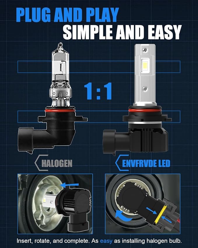 Bulb Combo for Honda Civic 2004-2015 High and Low Beam bulbs | for halogen 9005 9006 40W 30000Lm 6500K Fanless, plug and play as stock halogen bulbs, 4-Pack