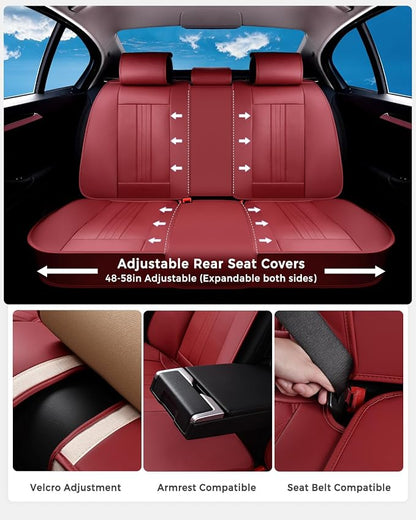 Huidasource Red Seat Covers, Luxury Faux Leather Car Seat Covers, Velcro Adjustable, with Airbags, Child Seat, Perforation Cooling＆Heating, Universal Fit for Most Cars, Vans, Trucks, SUVs, Red