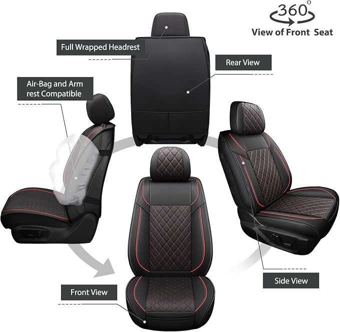 FREESOO Car Seat Covers Full Set for Dodge Ram 2002-2018 1500 & 2011-2026 2500 3500 Crew Quad Cab, 2019-2024 Ram 1500 Classic Leather Seat Cover, with Curved Bench, Black Red