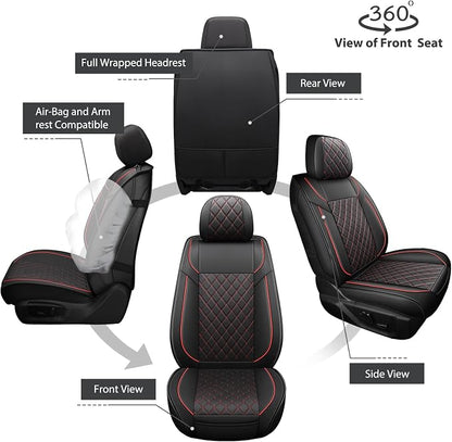 FREESOO Car Seat Covers Full Set for Dodge Ram 2002-2018 1500 & 2011-2026 2500 3500 Crew Quad Cab, 2019-2024 Ram 1500 Classic Leather Seat Cover, with Curved Bench, Black Red