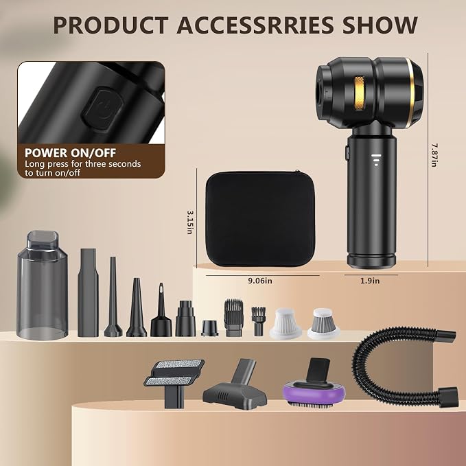 Cordless Handheld Car Vacuum, 22000Pa Strong Suction with Brushless Motor, HEPA Filter, Bonus Washable Metal Filter, 4-in-1 Kit with Air Blower, Type-C Rechargeable for Car Pet Home, Black