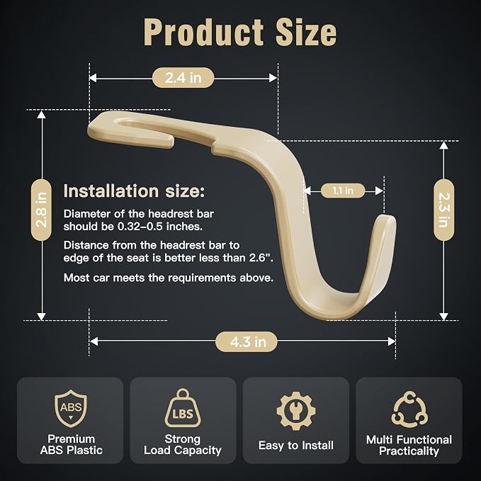 Amooca 4-Pack Car Headrest Hooks Vehicle Storage Organizer for Purses Handbags Groceries Coats –Holds 55lbs 360° Rotating Simple Design Beige