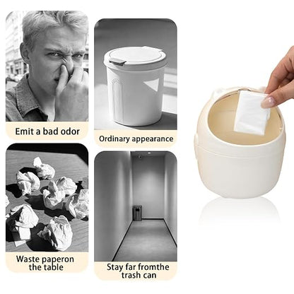 Mini Trash Can, Cute Small Trash Can with Lid, Desktop Paper Bin with 5 Rolls of Bin Liners, Portable Tabletop Dustbin, Cartoon Animal Rubbish Storage for Office Bedroom Desk Kitchen (White)