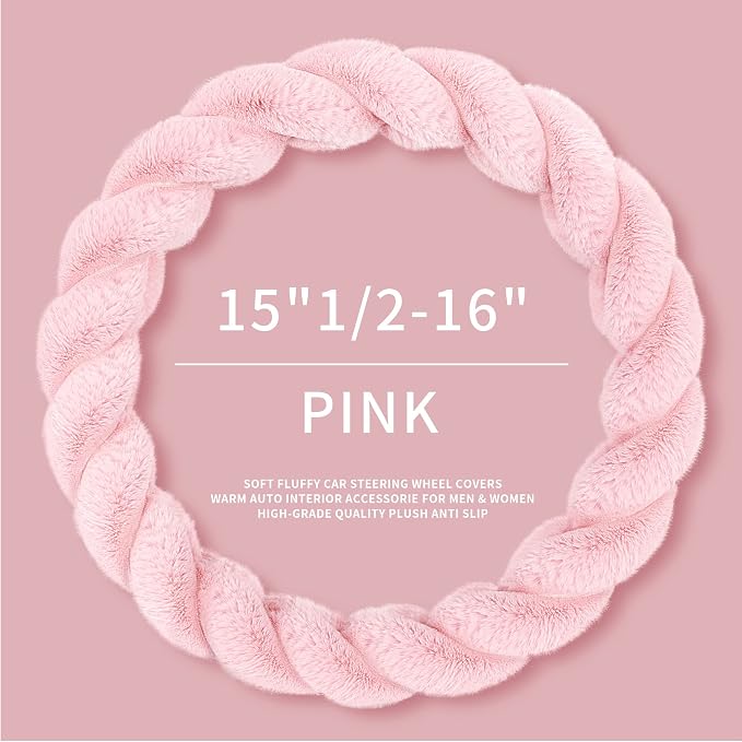 HighnessHwoo Luxury Fluffy Winter Car Steering Wheel Cover for Women Soft Warm Handle Cover for Jeep Truck Van F150 Universal Fuzzy Anti Slip, Pink