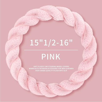 HighnessHwoo Luxury Fluffy Winter Car Steering Wheel Cover for Women Soft Warm Handle Cover for Jeep Truck Van F150 Universal Fuzzy Anti Slip, Pink