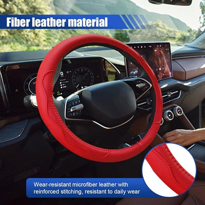 Car Steering Wheel Cover, 15 Inch Leather Anti-Slip Breathable Automotive Steering Wheel Protector, Universal Heat Resistant Vehicle Interior Accessories Cars, SUVs, Trucks(Red)