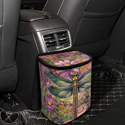 Talayituse Dragonfly Floral Print Car Trash Can Portable Auto Garbage Bin Multifunctional Vehicle Interior Accessories with Adjustable Straps Universal Fit Truck SUV Sedan