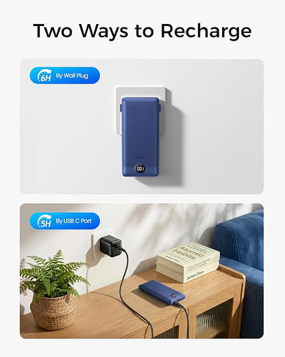 VEGER Portable Charger with Built-in AC Plug and Cables, All in One 10000mAh Ultra Slim Power Bank Emergency Fast Charging for Travel Battery Pack Compatible with iPhone, Samsung, Android, Navy