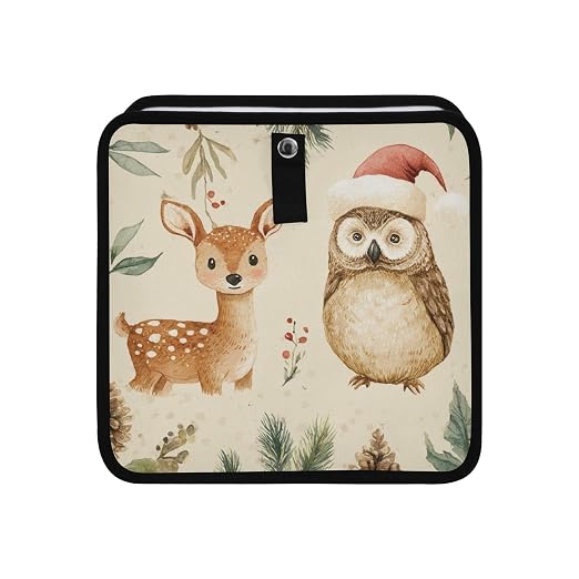 Car Trash Can Organizer Bin with Adjustable Strap for Back Front Seat Console Waterproof Leakproof Collapsible Portable 8.66 Inch Christmas Deer Owl Pinecorns Leaves Beige