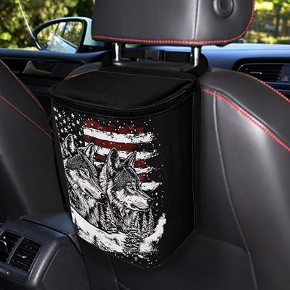 Talayituse Wolf American Flag Print Car Trash Bin, Large Size Auto Trash Can Adjustable Portable Garbage Can with Lid, Vehicle Hanging Bag for Headrest Front Back Seat