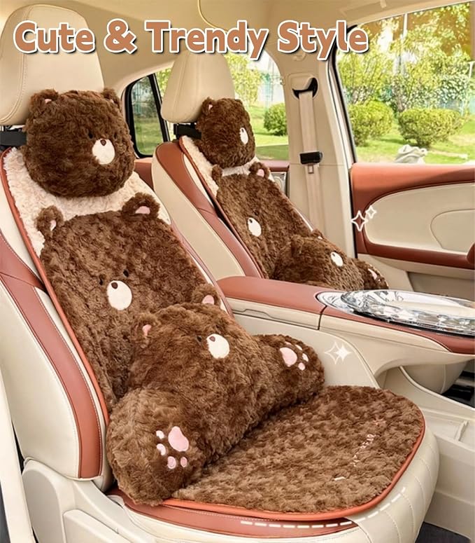 Cute Fluffy Bear Car Seat Cushions Covers Front and Rear Seat Pads Full Set 11PCS for 5 Seats, Winter Warm Automotive Interior Accessories for Cars SUV, Truck, Pickups (Brown Bear - 11pcs)