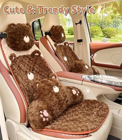 Cute Fluffy Bear Car Seat Cushions Covers Front and Rear Seat Pads Full Set 11PCS for 5 Seats, Winter Warm Automotive Interior Accessories for Cars SUV, Truck, Pickups (Brown Bear - 11pcs)