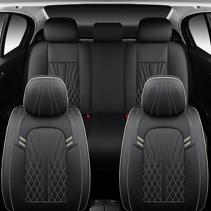 MINGBRON Leather Car Seat Covers 5 Pieces, Full Set Universal Seat Covers for Cars, Waterproof Nappa Leather Auto Seat Protectors, Black Car Seat Cover Most Sedans SUV Pick-up Truck Black&BeigeLine