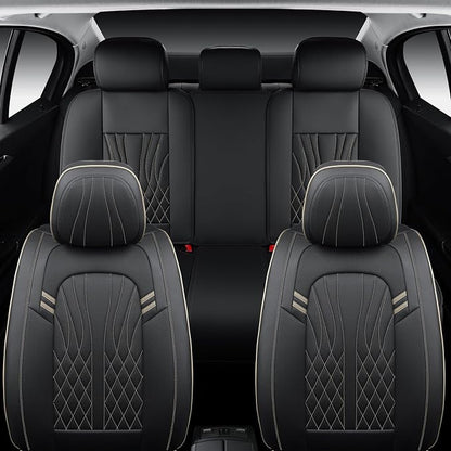 MINGBRON Leather Car Seat Covers 5 Pieces, Full Set Universal Seat Covers for Cars, Waterproof Nappa Leather Auto Seat Protectors, Black Car Seat Cover Most Sedans SUV Pick-up Truck Black&BeigeLine