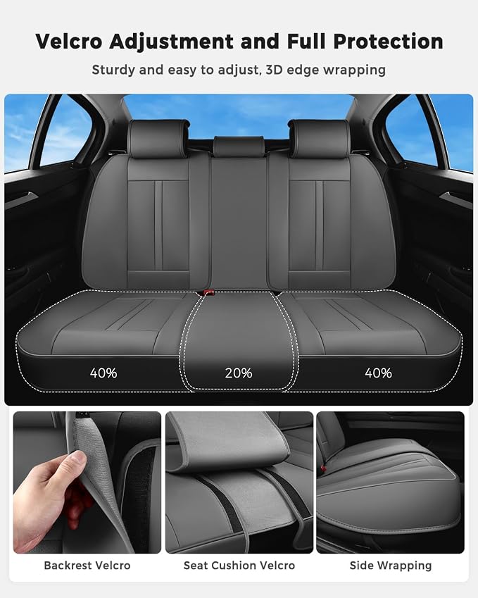 Huidasource Gray Back Seat Cover Luxury Nappa Leather, Rear Seat Cover with Velcro Adjustable, Ventilation Holes, Child Safety Seats, Back Seat Car Cover Universal Fit for Most Cars SUV Trucks, Gray