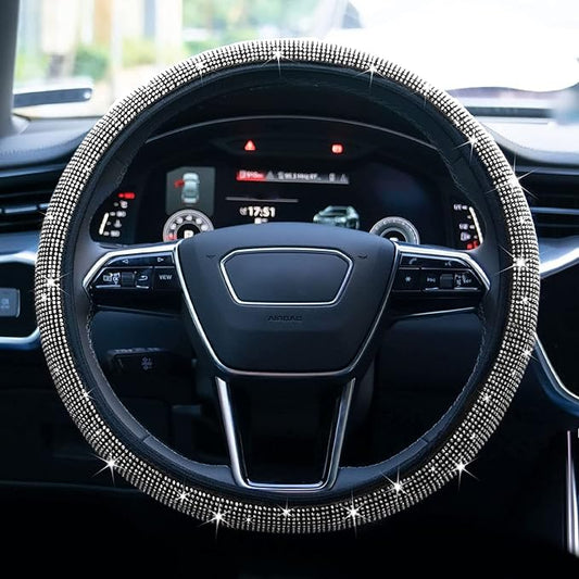Bling Rhinestone Steering Wheel Cover with Crystal Diamond for Women, Sparkling Car Wheel Protector Universal Fit 14-15 inches - White