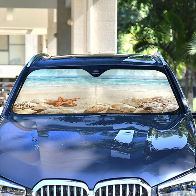 Summer Beach Starfish Seashell Windshield Sun Shade for Car Auto SUV Truck Foldable Front Window Sunshade Sun Visor Protector Block UV Rays Reflect Heat, 55" x 28"
