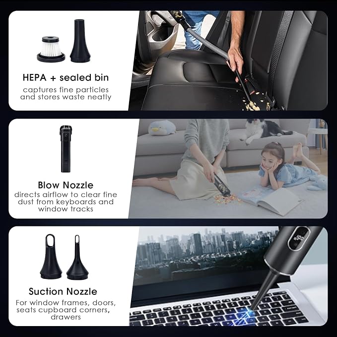 Cordless Car Vacuum Cleaner, 4-in-1 Mini Handheld Vacuum with Blower/Inflator/Deflator, 14kPa Suction, 2 Modes, Type-C Rechargeable for Car, Desk, Keyboard