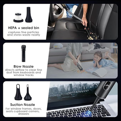 Cordless Car Vacuum Cleaner, 4-in-1 Mini Handheld Vacuum with Blower/Inflator/Deflator, 14kPa Suction, 2 Modes, Type-C Rechargeable for Car, Desk, Keyboard