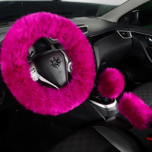 Fuzzy Genuine Sheepskin Steering Wheel Cover Set for Women Parents-Fluffy Soft Australian Merino Wool Wrap with Gear Shift and Hand Brake Covers, Cozy Stylish Luxury Car Accessories (Hot Pink)