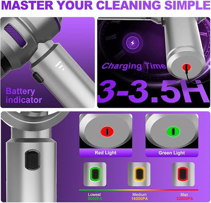 Handheld Car Vacuum Cordless, 22000PA Strong Suction Mini Vacuum Cleaner with Brushless Motor, 4-in-1 Portable Vacuum for Car Detailing, Home, Office & Travel, Silver Purple