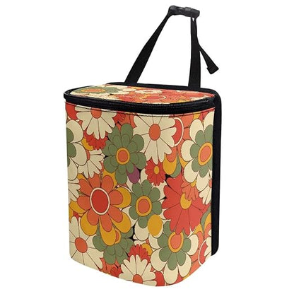 Y2K Hippie Daisy Flower Print Car Trash Can with Lid Accessories for Women Aesthetic Boho Portable Trash Bin Hanging Back of Seat Collapsible Leak Proof Multipurpose Vehicle Garbage Can