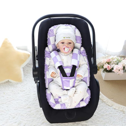DILIMI Infant Car Seat Insert, Baby Car Seat Head Support with 3 Strap Paddings, Soft Newborn Car Seat Cushion for Stroller, Swing, Bouncers, Purple Checkered