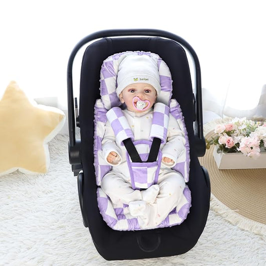 DILIMI Infant Car Seat Insert, Baby Car Seat Head Support with 3 Strap Paddings, Soft Newborn Car Seat Cushion for Stroller, Swing, Bouncers, Purple Checkered