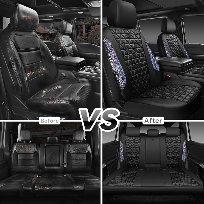 CAR PASS Bling Diamond Black Leather Car Seat Covers Full Set Interior Sets, Waterproof Shining Glitter Sparkly Crystal Armrest Fit Automotive Truck SUV Cute Women Girl, Bedazzed Iridescent Rhinestone