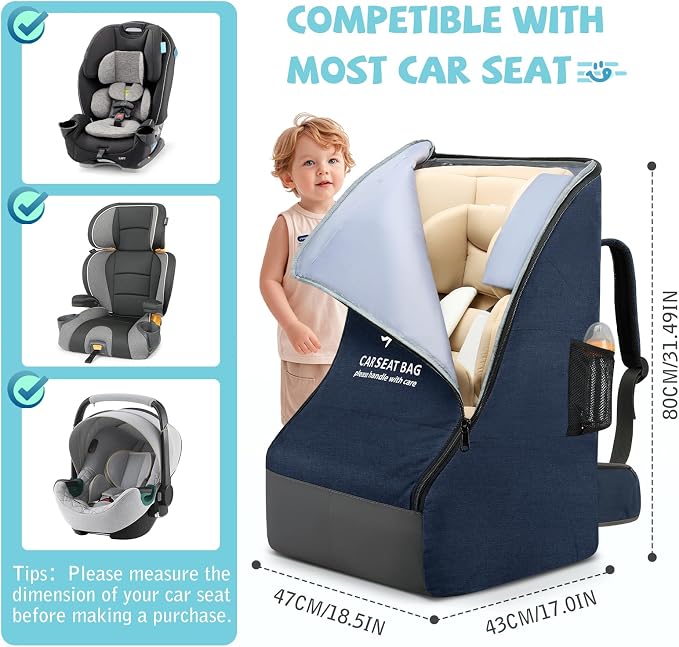 RAINSMORE Car Seat Travel Bag for Airplane Padded Carseat Backpack Heavy-duty Car Seat Cover for Air Travel Infant Car Seat Carrier Bag with Shoulder & Waist Strap, Fits Most Car Seat & Booster Seats