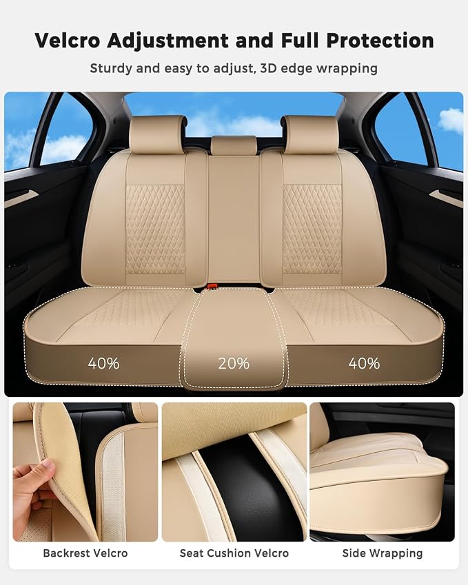 Huidasource Beige Back Seat Covers, Luxury Nappa Leather Rear Seat Cover with Velcro Adjustable, Child Seats, Ventilation Holes, Seat Belts, Car Back Seat Cover Fit for Most Cars SUV Trucks, Beige