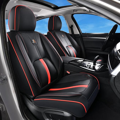 Huidasource Seat Covers Luxury Nappa Leather, Car Seat Cover with Velcro Adjustable, Airbag, Lumbar Support, Cooling and Heating, Seat Covers Full Set Universal Fit for Most Cars SUV Trucks, Black&Red