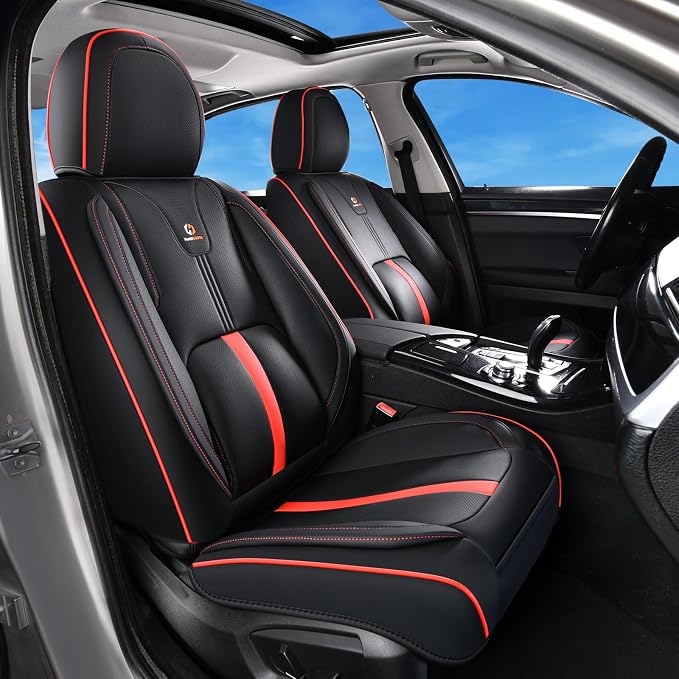 Huidasource Front Seat Covers Luxury Nappa Leather, Car Seat Cover Front Seats with Airbag, Front Storage Pocket, Lumbar Support, Cooling＆Heating, Universal Fit for Most Cars SUV Trucks, Black&Red