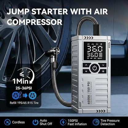 Car Battery Jump Starter with Air Compressor - 4500A Battery Jumper Starter Portable (9.0 Gas/8.0L Diesel) with 150PSI Tire Inflator, 12V Car Jump Box with Jumper Cables, LED Light, LCD Display