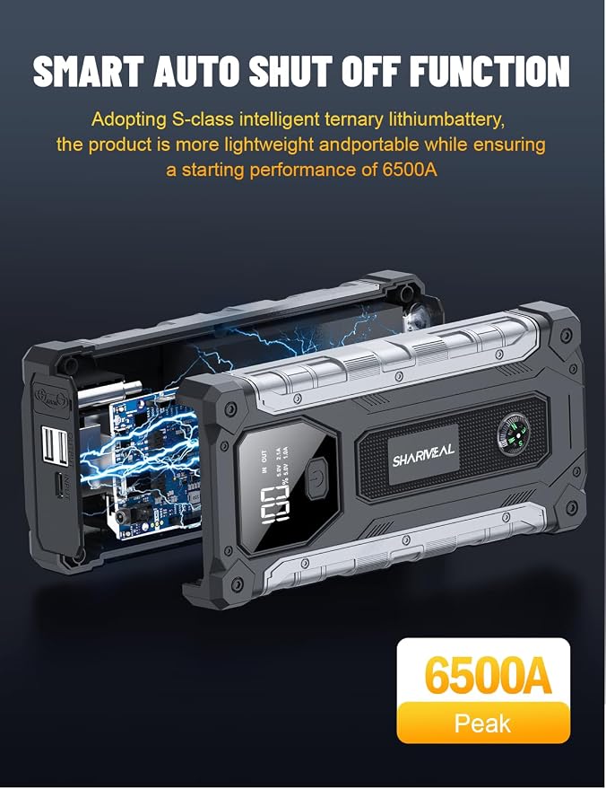 Sharmeal Car Jump Starter 6500A, Jump Starter Battery Pack for All Gas and 10.0L Diesel, 12V Portable Jump Box with LED Light
