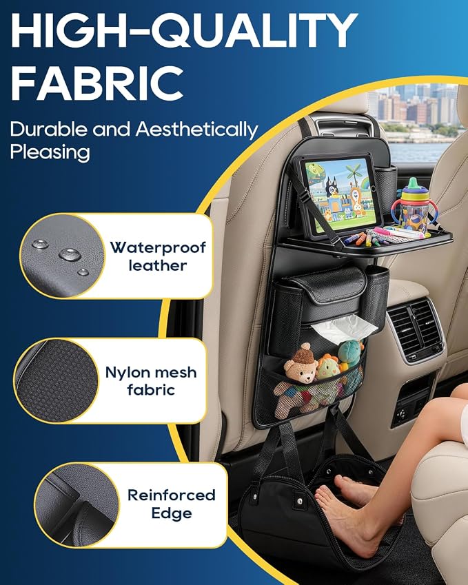 4PACK Leather Car Backseat Organizer with Foldable Table Tray, 6 Storage Pockets Back Protectors Foot Rests, Universal Backseat Car Organizer for Pets and family Road Trip(Black)